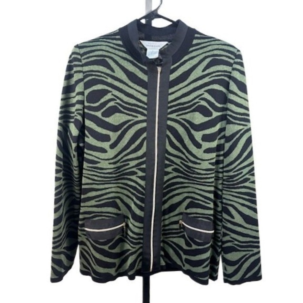 Misook Knit Blazer Women's Size Large Green Zebra Print Full Zip‎ Jacket Y2K